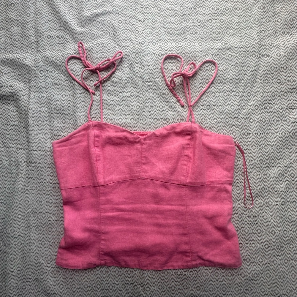 Old Navy Linen Blend Pink Cami Top – Tie Straps, Smocked Back, Size Medium